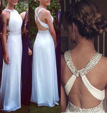 Load image into Gallery viewer, White Open Backs Simple Beaded A Line With Straps Glitter Backless Prom Dress For Teens RS118