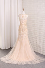 Load image into Gallery viewer, 2023 Tulle Mermaid Scoop Prom Dresses Beaded Bodice Sweep Train