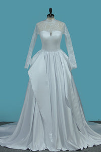 2024 Long Sleeves Satin Wedding Dresses High Neck Open Back A Line