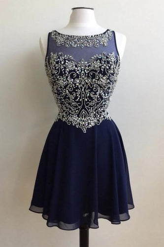 Dark blue chiffon beading round neck short handmade prom dress RS393