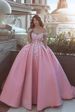Load image into Gallery viewer, 2024 Satin Off The Shoulder A Line Prom Dresses With Handmade Flower And Beads