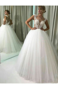 2024 A Line Tulle Bateau With Applique Sweep Train Wedding Dresses