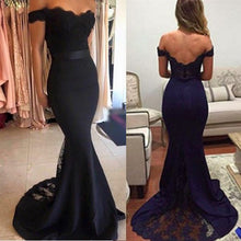 Load image into Gallery viewer, Mermaid Off-the-Shoulder Sweep Train Navy Blue Appliques Satin Prom Dresses RS404