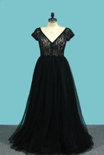 Load image into Gallery viewer, 2024 V Neck Short Sleeves A Line Evening Dresses Tulle &amp; Lace Sweep Train