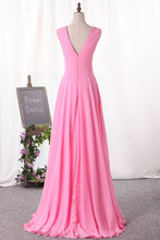 Load image into Gallery viewer, 2023 Prom Dresses V Neck Chiffon With Slit A Line Sweep Train