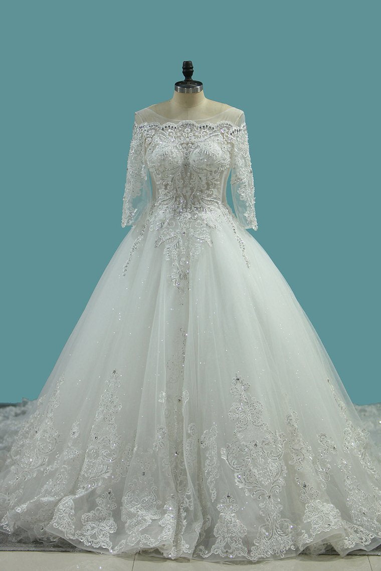 2024 Marvelous Wedding Dresses Scoop Lace Up With Rhinestones Royal Train