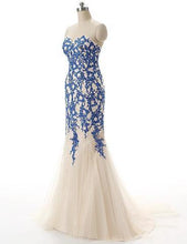 Load image into Gallery viewer, Strapless Tulle Mermaid Lace Dresses Long Prom Dress with Crystals RS223