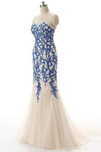 Load image into Gallery viewer, Strapless Tulle Mermaid Lace Dresses Long Prom Dress with Crystals RS223