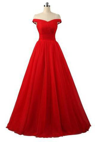 Elegant A-line Off Shoulder Red Lace-up Floor-Length Simple Prom Dresses RS772