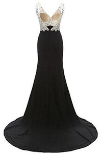 V-Neck Crystal Beaded Mermaid Black Long Prom Dress Slit Side RS229