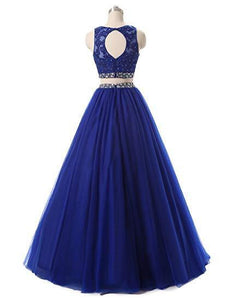 A Line Two Pieces Lace Sequins Beads Open Back Appliques Sleeveless Prom Dresses RS334
