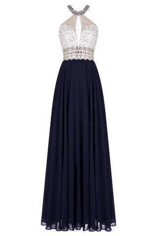 Gorgeous Long Halter Open Back Floor Length A-Line Chiffon Beading Prom Dresses RS137