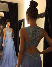 Load image into Gallery viewer, Lace Open Back Sexy Blue Chiffon Cheap A-Line Beads Sleeveless Scoop Prom Dresses RS942