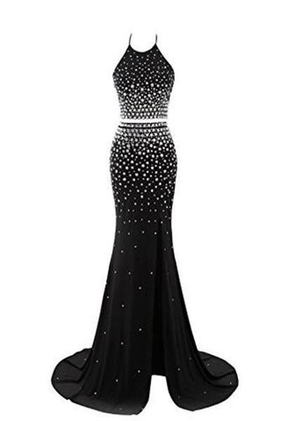 Luxury Crystal Prom Dress Halter Neck Mermaid Long Evening Party Gown RS199