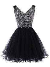 Load image into Gallery viewer, Sparkly Classy Short Sleeveless Cute V-Neck Beaded Tulle Crystals Homecoming Dresses RS772