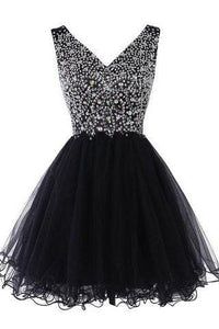 Sparkly Classy Short Sleeveless Cute V-Neck Beaded Tulle Crystals Homecoming Dresses RS772