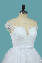 Load image into Gallery viewer, 2024 A Line Lace Cap Sleeve Scoop Wedding Dresses With Beads Court Train