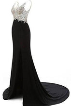 Load image into Gallery viewer, V-Neck Crystal Beaded Mermaid Black Long Prom Dress Slit Side RS229