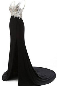 V-Neck Crystal Beaded Mermaid Black Long Prom Dress Slit Side RS229