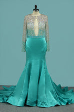 Load image into Gallery viewer, 2024 Sexy Mermaid Prom Dresses Scoop Long Sleeves Satin Open Back