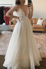 Load image into Gallery viewer, A-Line Spaghetti Straps V-Neck Floor Length Ivory Long Beach Wedding Dresses