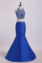 Load image into Gallery viewer, 2024 Two Pieces High Neck Mermaid Prom Dresses With Beads