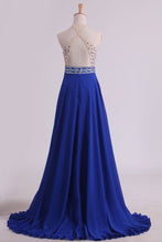 Load image into Gallery viewer, 2024 Halter Beaded Bodice Prom Dresses A Line Chiffon &amp; Tulle Sweep Train Backless