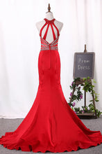 Load image into Gallery viewer, 2024 Mermaid Scoop Satin Open Back Prom Dresses With Beading