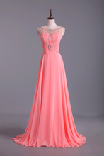 Load image into Gallery viewer, 2024 Bateau A-Line Chiffon Prom Dresses With Ribbon Sweep Train