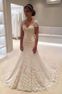 2024 New Arrival Mermaid/Trumpet V-Neck Tulle Wedding Dresses With Applique Short Sleeves