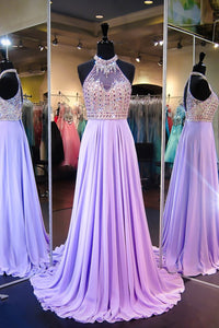 2024 Sexy Open Back Halter Prom Dresses With Beading Chiffon Sweep Train