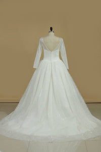 2024 Wedding Dresses A-Line V-Neck Chapel Train Tulle Long Sleeves