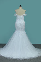 Load image into Gallery viewer, 2023 Off-The-Shoulder Mermaid Wedding Dresses Tulle With Applique Court Train
