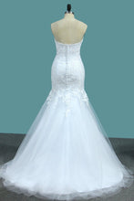 Load image into Gallery viewer, 2024 Mermaid Tulle Sweetheart With Applique Sweep Train Wedding Dresses