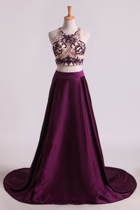 2024 Two Pieces A Line Scoop Beaded Bodice Prom Dresses Satin & Tulle Sweep Train Grape