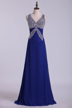 Load image into Gallery viewer, 2024 Prom Dresses Halter Open Back A Line Chiffon With Rhinestone Dark Royal Blue