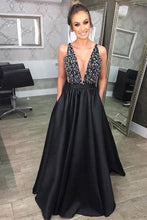 Load image into Gallery viewer, 2024 Prom Dress V Neck Satin With Beads And Sequins Open Back