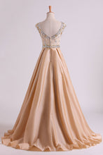Load image into Gallery viewer, 2024 Prom Dresses Bateau Ball Gown Lace Bodice With Long Taffeta Skirt Sweep Train