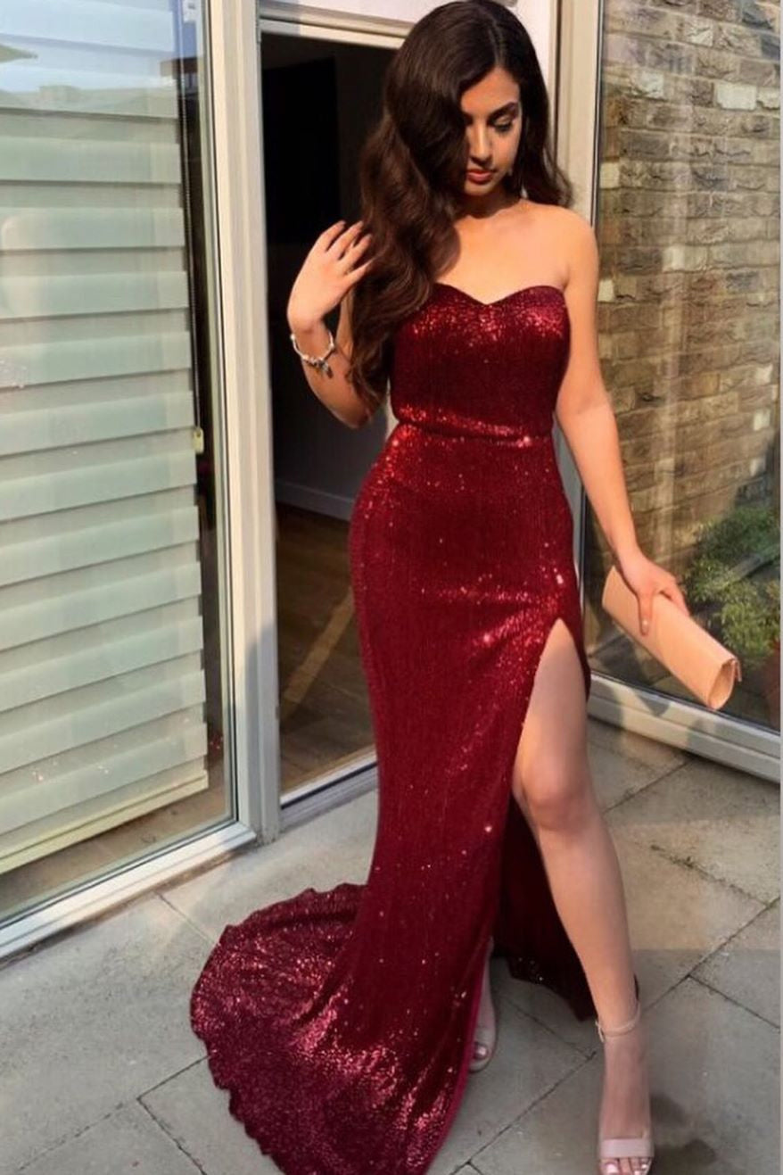 Sparkly Sweetheart Mermaid Sequins Burgundy Prom Dresses With Slit