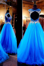 Load image into Gallery viewer, 2024 Open Back Scoop Prom Dresses Tulle With Beading Sweep Train A Line