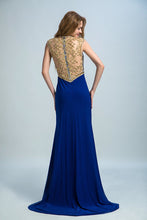 Load image into Gallery viewer, 2023 Scoop Neckline Column Beaded Bodice Prom Dresses With Court Train &amp; Slit