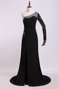 2024 One Sleeve Column/Sheath Prom Dresses Black