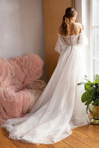 Ivory Tulle Off the Shoulder Bride Dress Simple Long Puffy Sleeves Wedding Gown