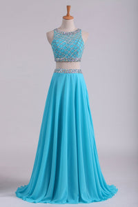 2024 Bateau Two Pieces Prom Dresses A Line Beaded Bodice Open Back Floor Length Chiffon & Tulle