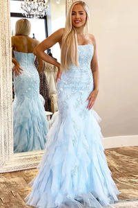 Mermaid Lace Appliques Prom Dress With Ruffles Strapless Long Evening SRSP75RA7RH