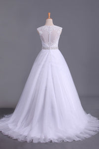 2024 White Scoop Wedding Dresses A-Line Court Train With Beads & Applique