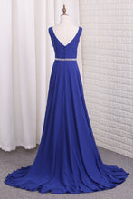 Load image into Gallery viewer, 2024 A Line Chiffon V Neck Bridesmaid Dresses With Beads And Slit