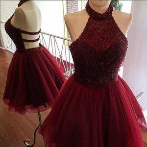 Burgundy A-line Halter Beading Backless Homecoming Dress RS539