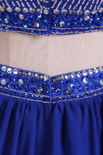 Load image into Gallery viewer, 2024 Two Pieces High Neck A Line Prom Dresses Chiffon With Beading Mini Dark Royal Blue
