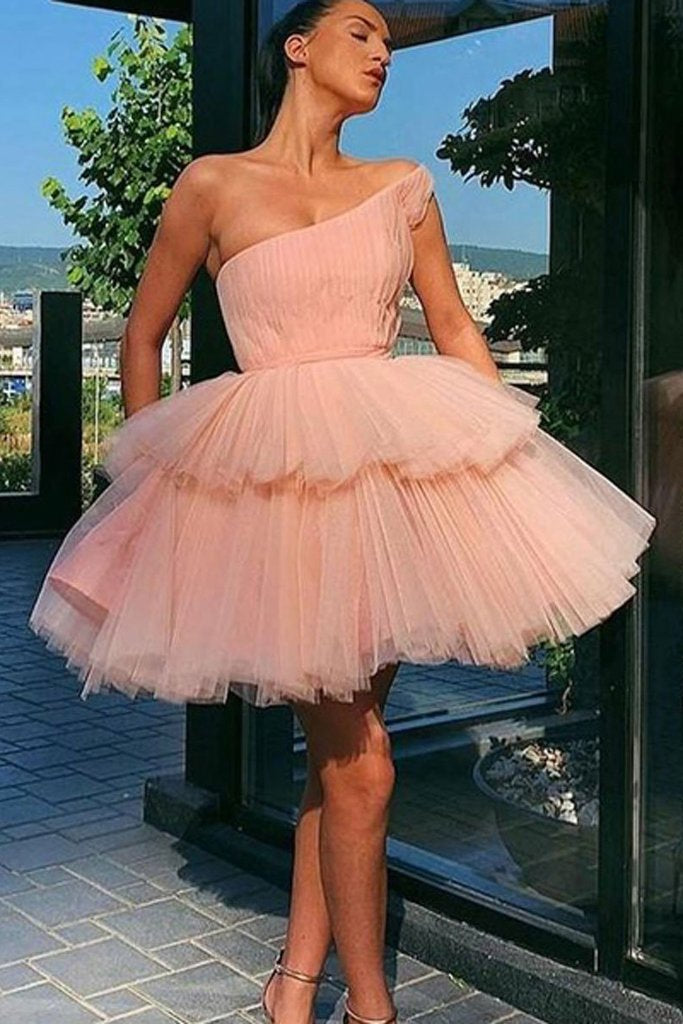 Pink Tulle One Shoulder Short Prom Dress Simple A Line Homecoming Dress
